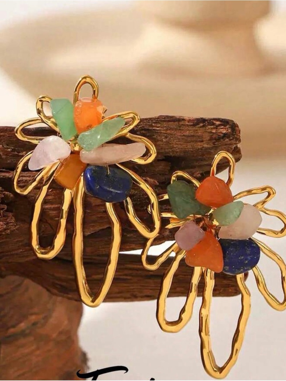 Gold Floral Loop Earrings with Multicolor Stone Chips - Picture 6 of 6